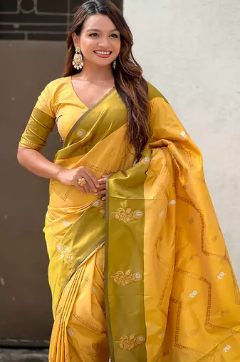 yellow soft silk saree with zari woven work
