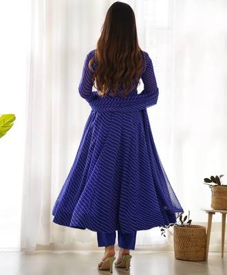 Royal blue leheriya printed fox georgette fully stitched flared anarkali suit set 4
