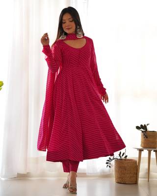 Rani pink leheriya printed fox georgette fully stitched flared anarkali suit set 1