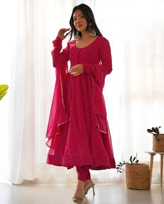 Rani pink leheriya printed fox georgette fully stitched flared anarkali suit set 2