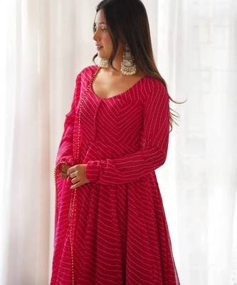 Rani pink leheriya printed fox georgette fully stitched flared anarkali suit set 3