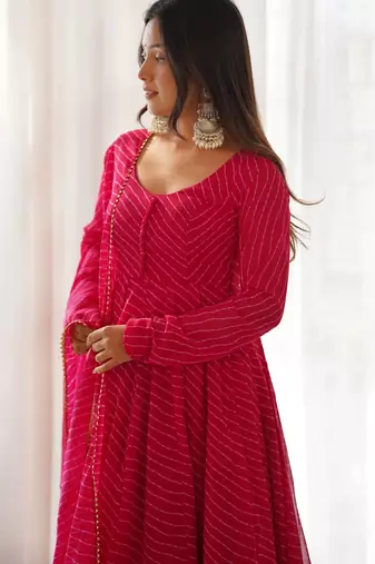 Rani pink leheriya printed fox georgette fully stitched flared anarkali suit set
