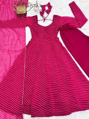 Rani pink leheriya printed fox georgette fully stitched flared anarkali suit set 5