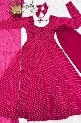 Rani pink leheriya printed fox georgette fully stitched flared anarkali suit set