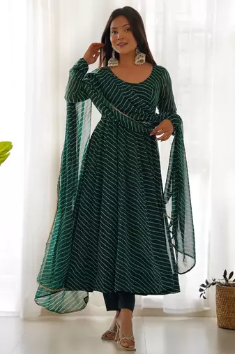 Bottle green leheriya printed fox georgette fully stitched flared anarkali suit set