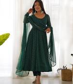 Bottle green leheriya printed fox georgette fully stitched flared anarkali suit set