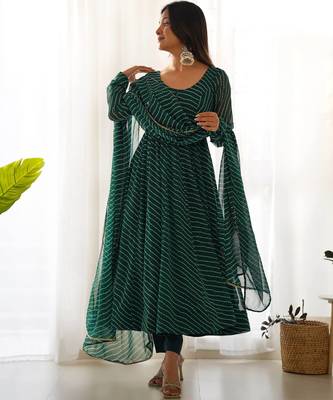 Bottle green leheriya printed fox georgette fully stitched flared anarkali suit set 2