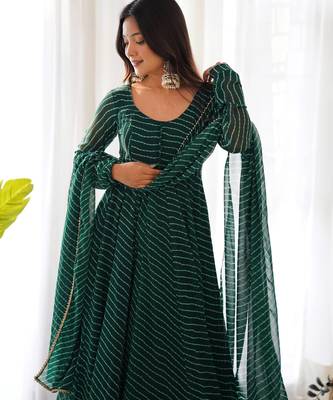 Bottle green leheriya printed fox georgette fully stitched flared anarkali suit set 3