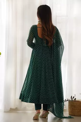Bottle green leheriya printed fox georgette fully stitched flared anarkali suit set