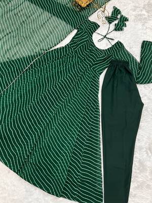 Bottle green leheriya printed fox georgette fully stitched flared anarkali suit set 5