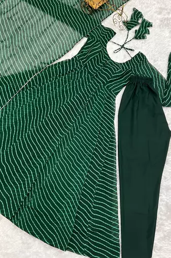 Bottle green leheriya printed fox georgette fully stitched flared anarkali suit set