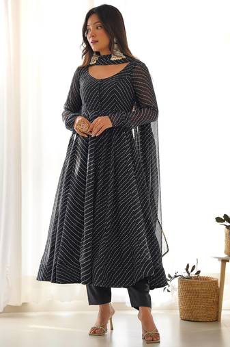 Black leheriya printed fox georgette fully stitched flared anarkali suit set