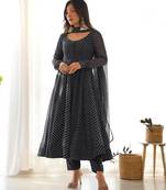 Black leheriya printed fox georgette fully stitched flared anarkali suit set