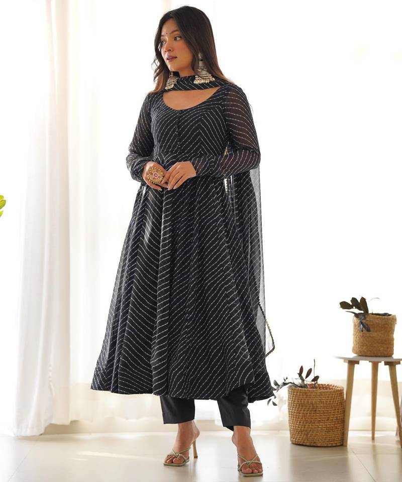 Black leheriya printed fox georgette fully stitched flared anarkali suit set