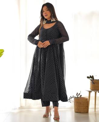 Black leheriya printed fox georgette fully stitched flared anarkali suit set 2