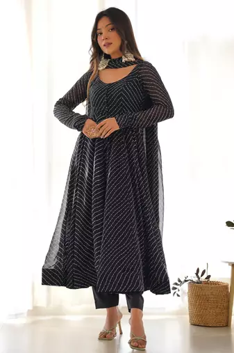 Black leheriya printed fox georgette fully stitched flared anarkali suit set