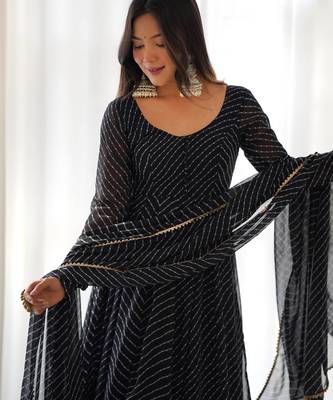 Black leheriya printed fox georgette fully stitched flared anarkali suit set 3