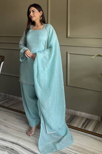 Sea green embroidered sequins zari work pure chinon silk fully stitched kurta pant set