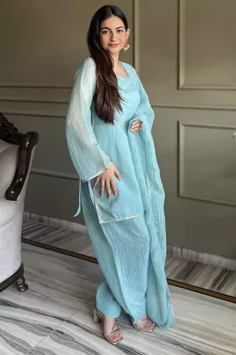 Sea green embroidered sequins zari work pure chinon silk fully stitched kurta pant set