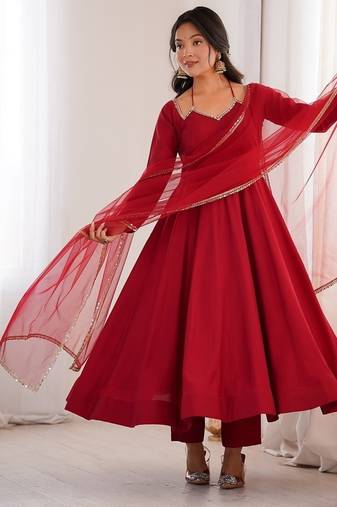 Maroon solid roman silk chanderi fully stitched flared anarkali suit set