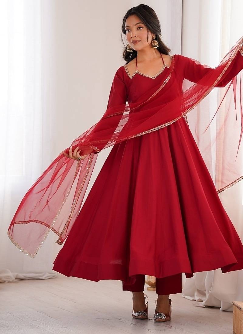 Maroon solid roman silk chanderi fully stitched flared anarkali suit set