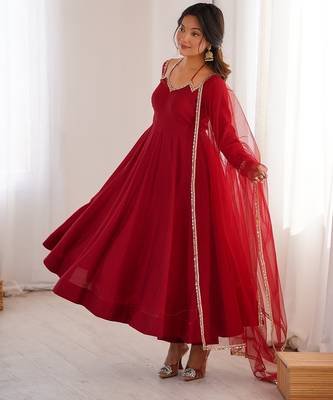 Maroon solid roman silk chanderi fully stitched flared anarkali suit set 2