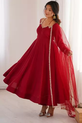 Maroon solid roman silk chanderi fully stitched flared anarkali suit set