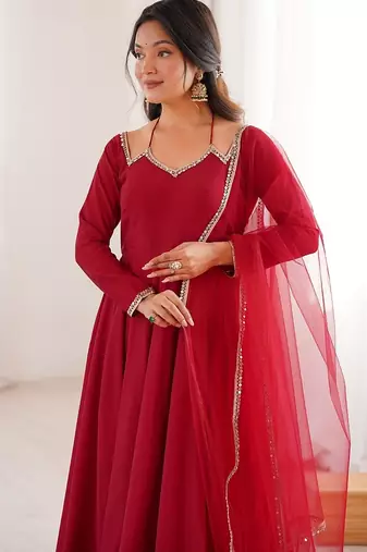 Maroon solid roman silk chanderi fully stitched flared anarkali suit set