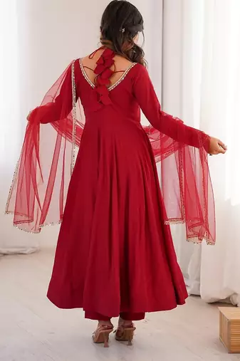 Maroon solid roman silk chanderi fully stitched flared anarkali suit set