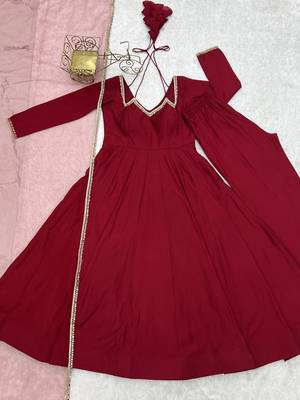 Maroon solid roman silk chanderi fully stitched flared anarkali suit set 5