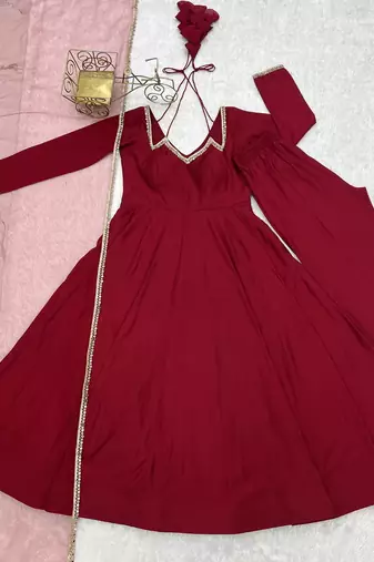 Maroon solid roman silk chanderi fully stitched flared anarkali suit set