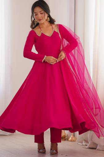 Rani pink solid roman silk chanderi fully stitched flared anarkali suit set