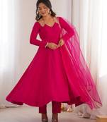 Rani pink solid roman silk chanderi fully stitched flared anarkali suit set