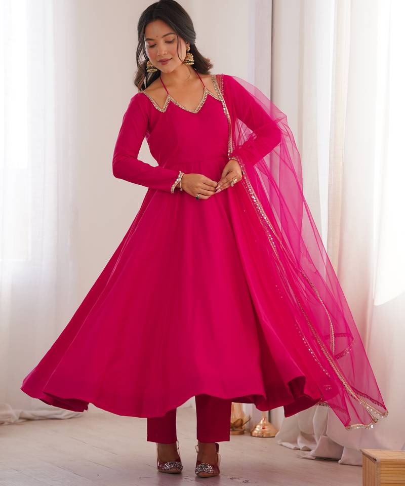 Rani pink solid roman silk chanderi fully stitched flared anarkali suit set