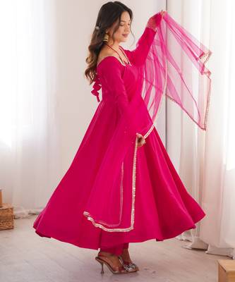Rani pink solid roman silk chanderi fully stitched flared anarkali suit set 2