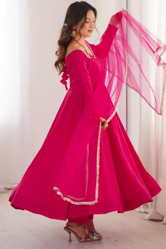 Rani pink solid roman silk chanderi fully stitched flared anarkali suit set