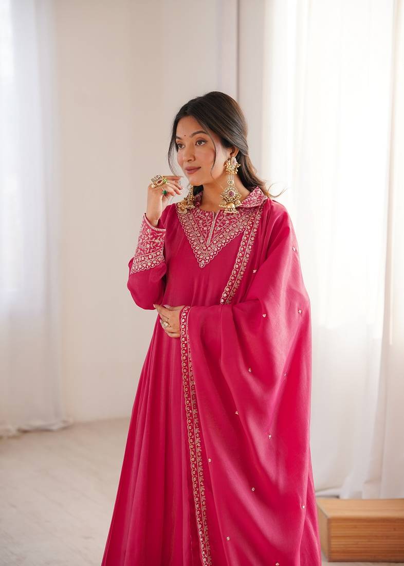 Rani pink solid roman silk chanderi fully stitched flared anarkali suit set