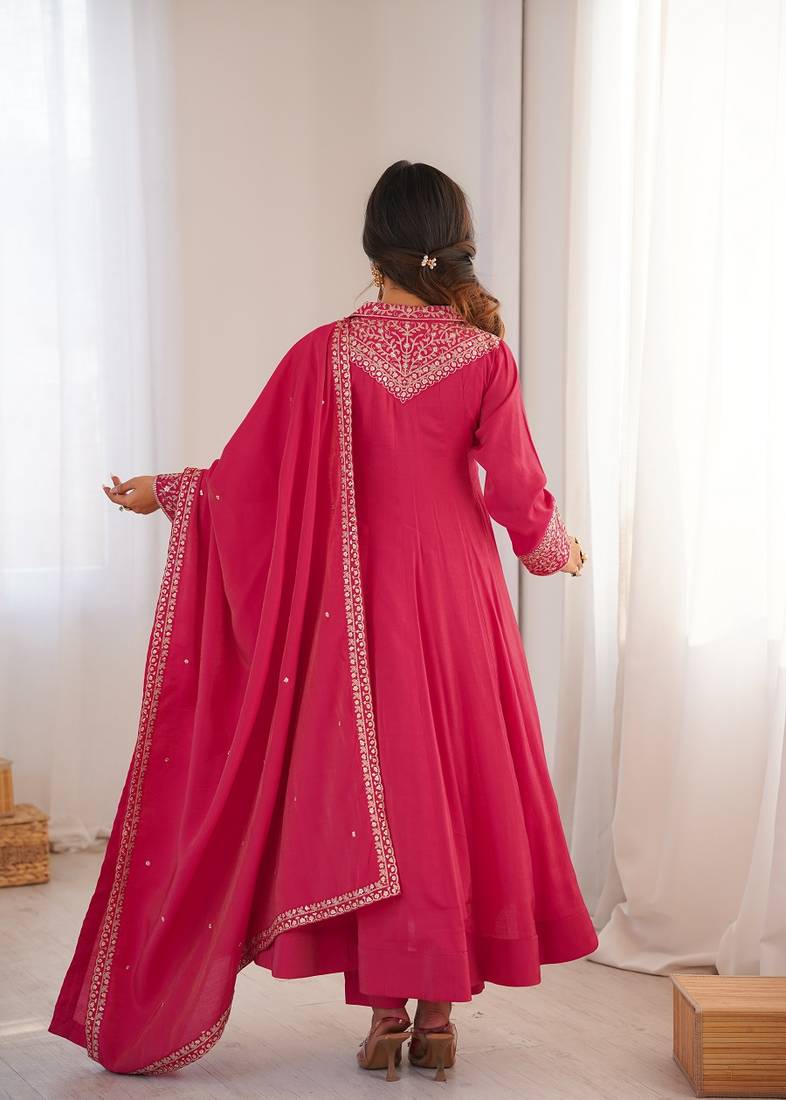 Rani pink solid roman silk chanderi fully stitched flared anarkali suit set