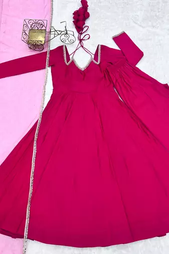 Rani pink solid roman silk chanderi fully stitched flared anarkali suit set