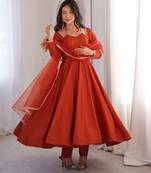 Rust orange solid roman silk chanderi fully stitched flared anarkali suit set