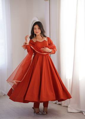 Rust orange solid roman silk chanderi fully stitched flared anarkali suit set 3