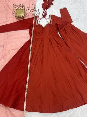 Rust orange solid roman silk chanderi fully stitched flared anarkali suit set 5