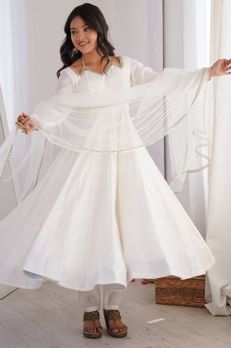 White solid roman silk chanderi fully stitched flared anarkali suit set