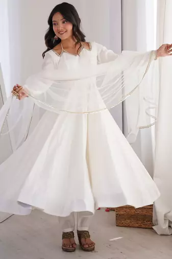 White solid roman silk chanderi fully stitched flared anarkali suit set