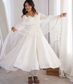 White solid roman silk chanderi fully stitched flared anarkali suit set