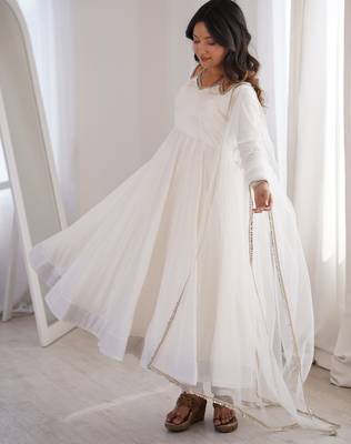 White solid roman silk chanderi fully stitched flared anarkali suit set 2