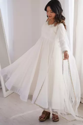 White solid roman silk chanderi fully stitched flared anarkali suit set