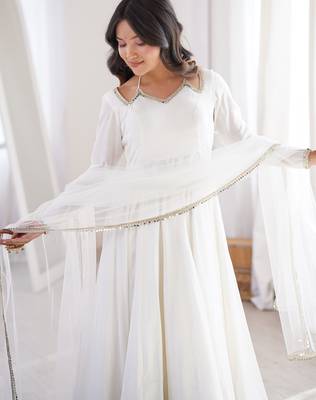 White solid roman silk chanderi fully stitched flared anarkali suit set 3