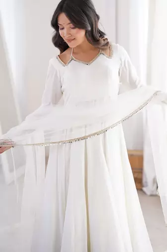 White solid roman silk chanderi fully stitched flared anarkali suit set
