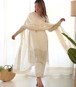 Cream embroidered sequins zari work pure chinon silk  kurta set